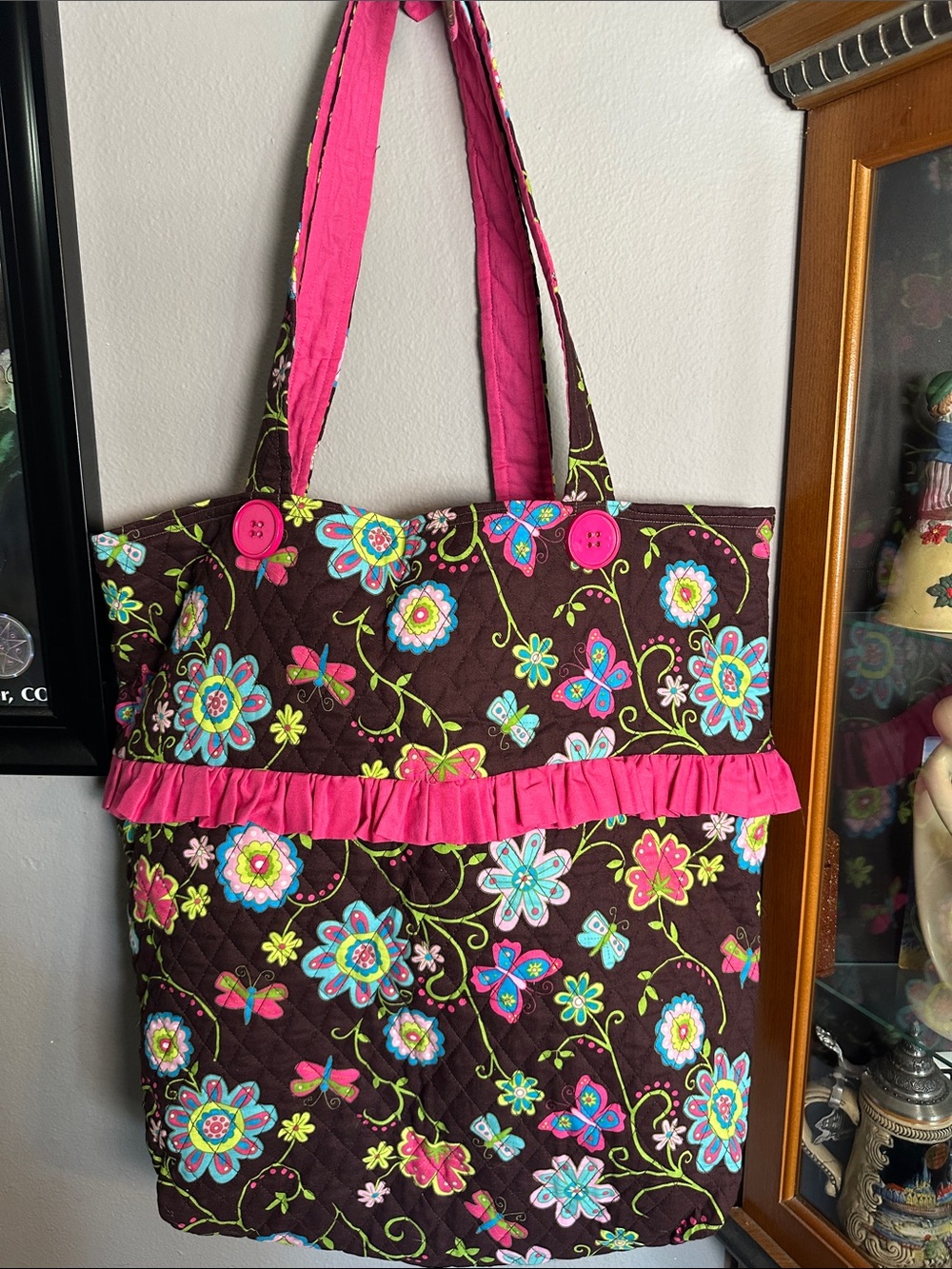 Brown Floral Quilted Tote with Pink Accents